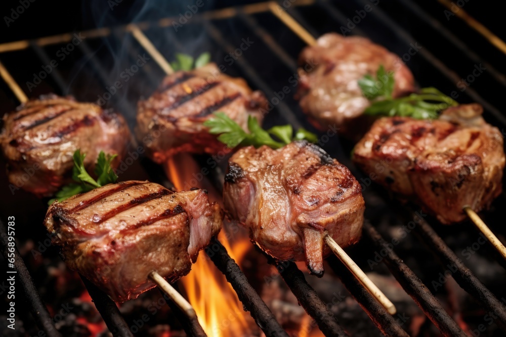 australian lamb chops on a grill, shot from a top angle