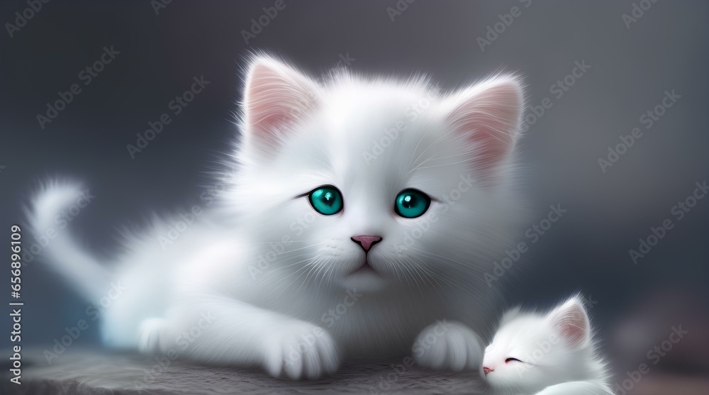white cat with blue and green eyes on blurry background, couple of white cats,generative ai