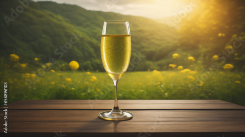 golden champagne glass on table view of green nature background. Ai generated
