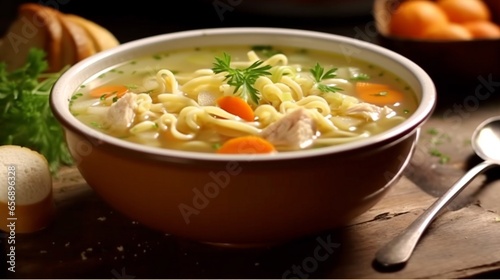 A bowl of comforting, homemade chicken noodle soup.