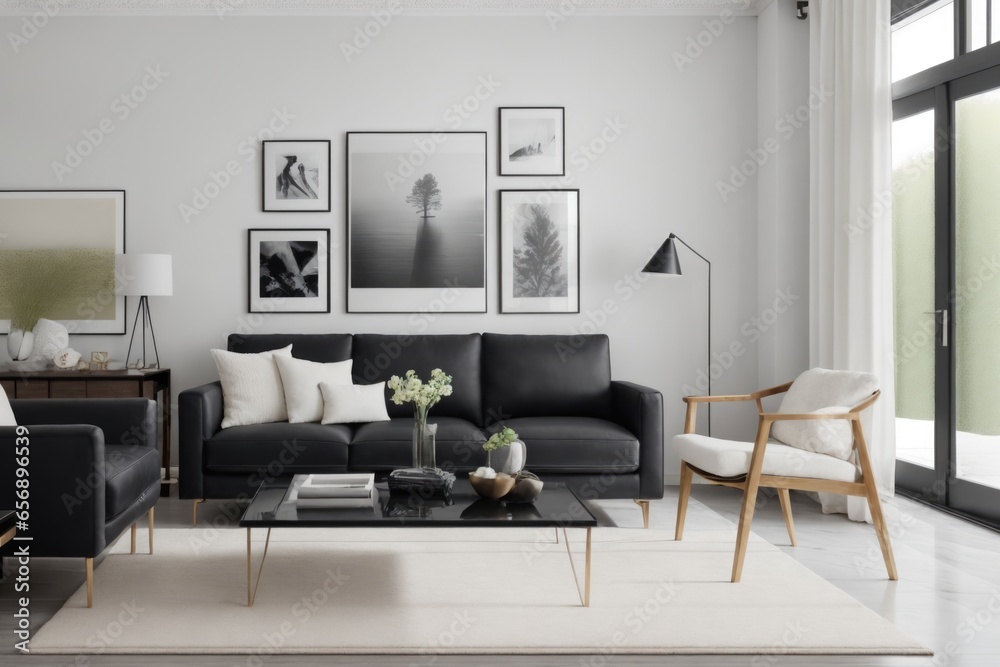 Interior mockup with picture frame on a Wall. Living room with sofa and painting on a wall Interior mockup with picture frame on a Wall. Living room with sofa and painting on a wall