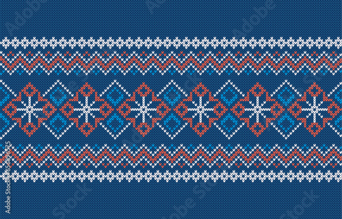 Blue Christmas seamless print. Holiday knit traditional Xmas pattern. Knitted sweater texture. Geometric background with snowflakes. Wool pullover ornament. Festive crochet. Vector illustration