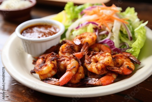 a plate of bbq shrimp served with a green salad