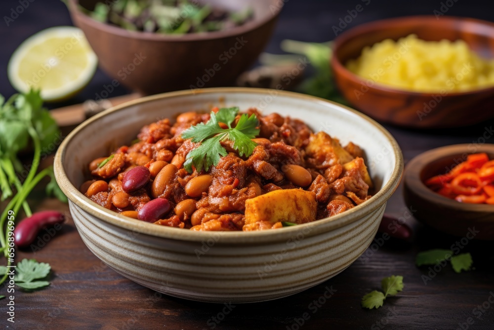 a bowl of bbq jackfruit chili with beans a bowl of bbq jackfruit chili with beans