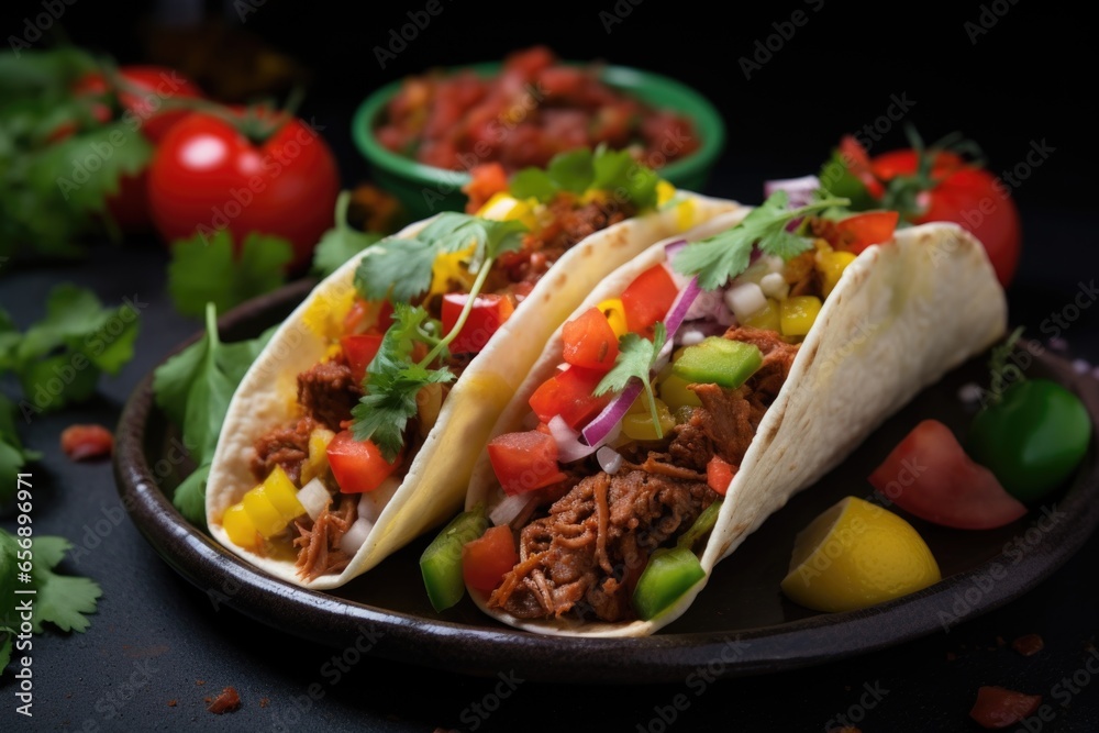 tasty meat tacos with varied toppings on a dark plate tasty meat tacos with varied toppings on a dark plate
