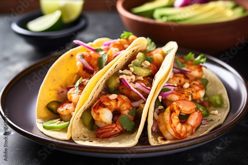 a combination of shrimp and avocado tacos on a ceramic plate