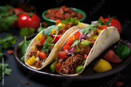 tasty meat tacos with varied toppings on a dark plate