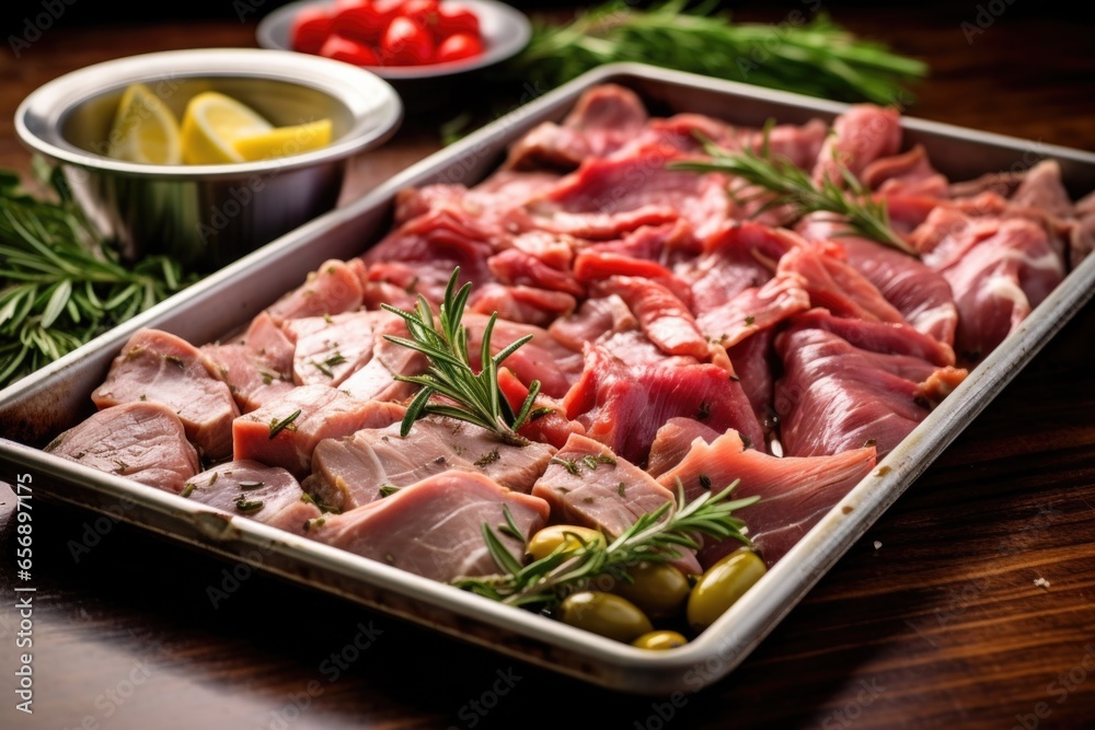 a tray of assorted cuts of marinated meat ready for grilling