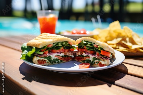 sandwich served with chips on a picnic table