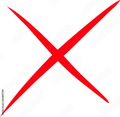Single red cross mark isolated on white, hand drawn vector design.