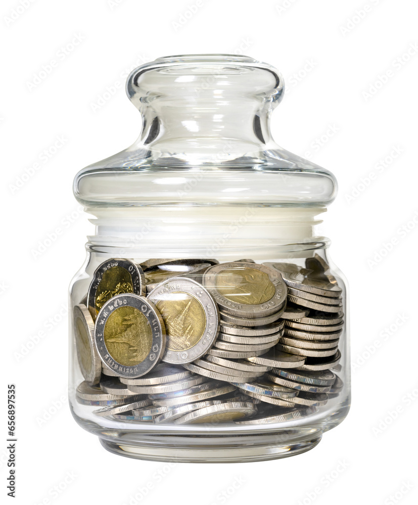 coins in glass bottle isolated. business saving and investment concept coins in glass bottle isolated. business saving and investment concept