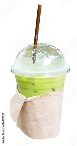 ice green tea milk in a plastic cup isolated