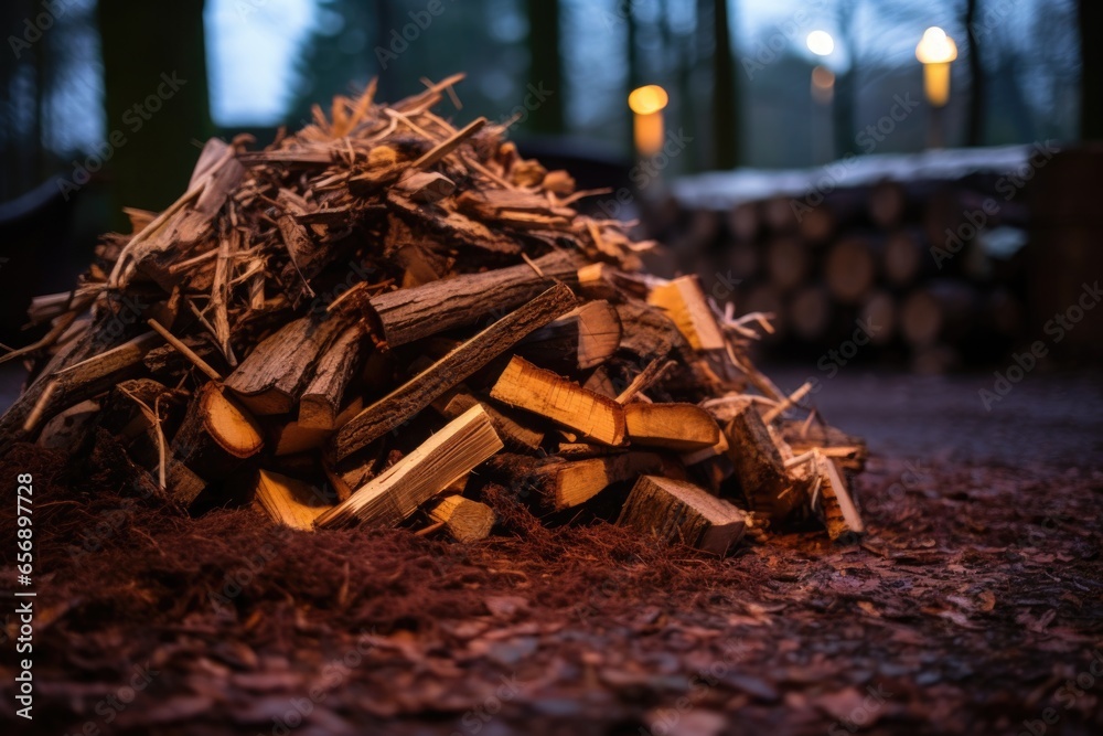 a pile of dry wood alongside a fire pit, ready for a campfire