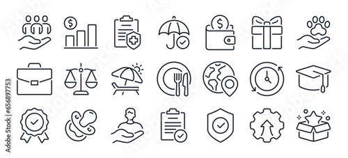 Employee benefit editable stroke outline icons set isolated on white background flat vector illustration. Pixel perfect. 64 x 64.