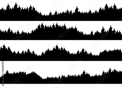 forest silhouette background. forest and trees silhouette.  hand drawn pine forest silhouette. Tall Evergreen Forest.