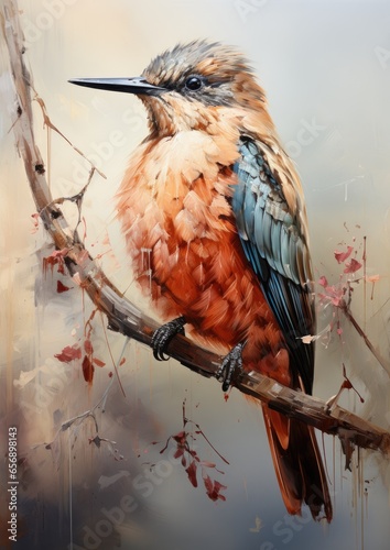 painting of a hummingbird sitting on a branch - oil on canvas (generative AI)
