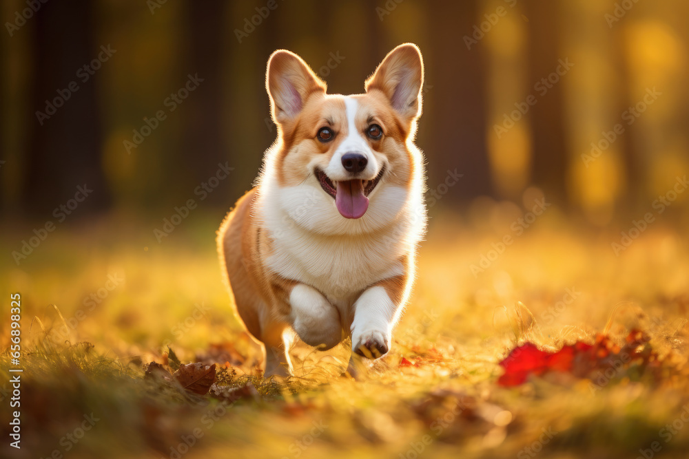 A corgi dog runs through the autumn forest A corgi dog runs through the autumn forest