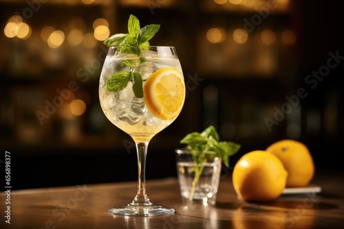 A Hugo Spritz cocktail in a glass garnished with a sprig of mint and lemon