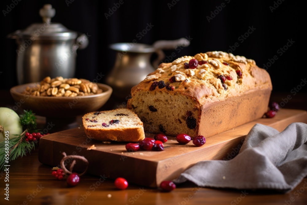 homemade loaf of cranberry walnut bread on a breadboard homemade loaf of cranberry walnut bread on a breadboard
