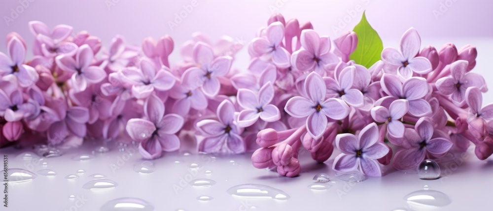 Obraz premium Banner with lilac flowers in water drops