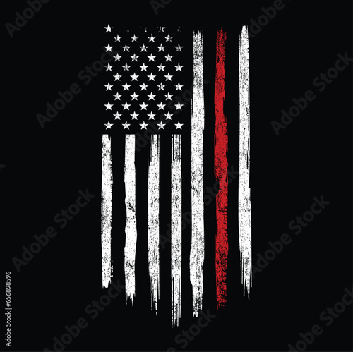 Distressed Thin Red Line American Flag T-Shirt Vector Design, Grunge usa Firefighter with thin red line shirt.	