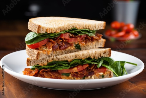 whole wheat bread with roasted tomato and bacon sandwich