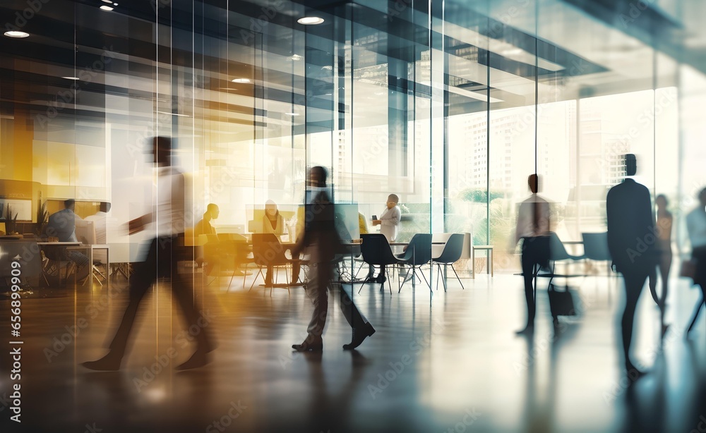 Coworking space office. Blurred silhouettes of people in a coworking space or office space. 