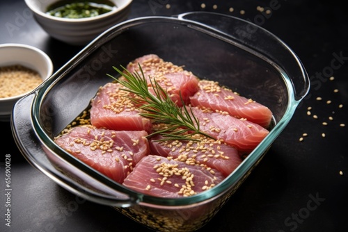 tuna steaks marinating in a glass dish, covered in sesame seeds