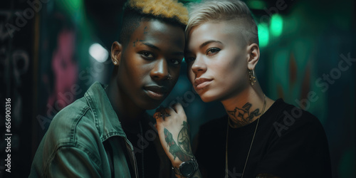 Tattooed Couple sitting on the stairs. Equality  Generative ai