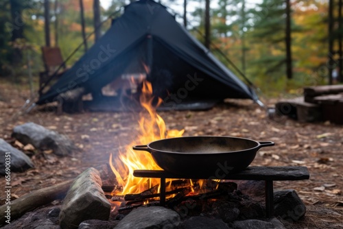 black iron skillet heating over a campfire outside a small tent