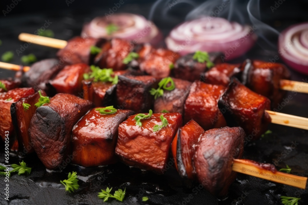 vegan bbq sausages on a kebab stick with mushroom caps vegan bbq sausages on a kebab stick with mushroom caps