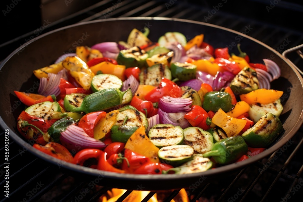 a grill wok with colorfully diverse mixed vegetables