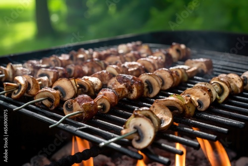 mushroom skewers on a backyard charcoal grill
