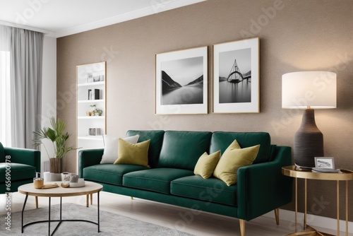 Interior mockup with picture frame on a Wall. Living room with sofa and painting on a wall © Viktor