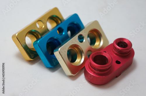 a batch of anodize aluminum cnc parts production. close-up.   