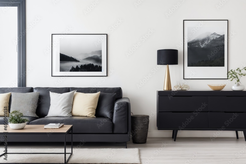 Interior mockup with picture frame on a Wall. Living room with sofa and painting on a wall