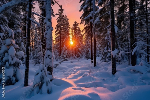 solstice sunrise breaking over a snow-covered forest photo