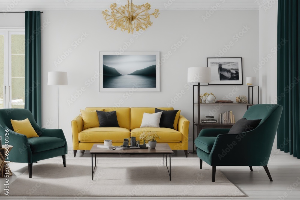 Fototapeta premium Interior mockup with picture frame on a Wall. Living room with sofa and painting on a wall