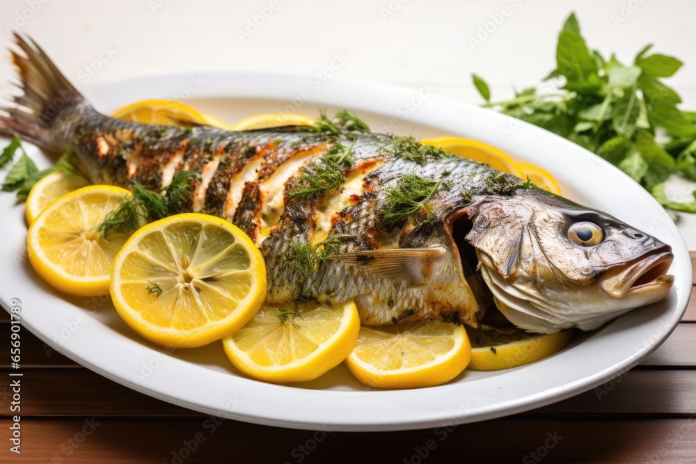 grilled whole fish served on a white dish with lemons and herbs grilled whole fish served on a white dish with lemons and herbs