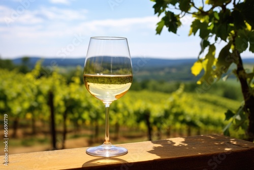 glass of white wine with vineyard in background