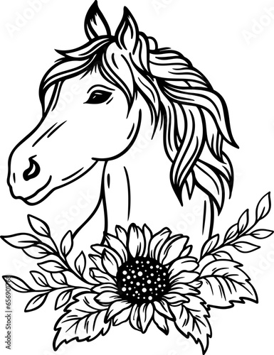 Horse with sunflower border vector illustration, Rustic horse farmhouse decor, Animal pony head sublimation