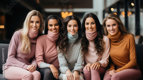 Portrait of group of girls smiling wearing high neck Tshirt.