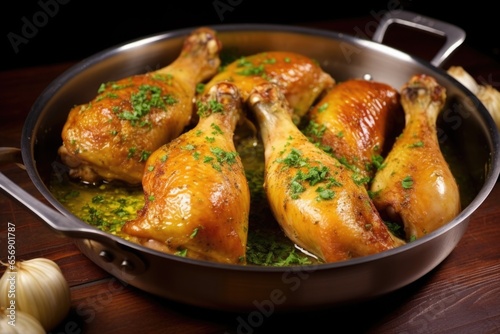 golden brown chicken legs with garlic butter in a copper pan