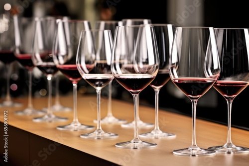 riedel sommelier bordeaux glasses containing different red wines photo