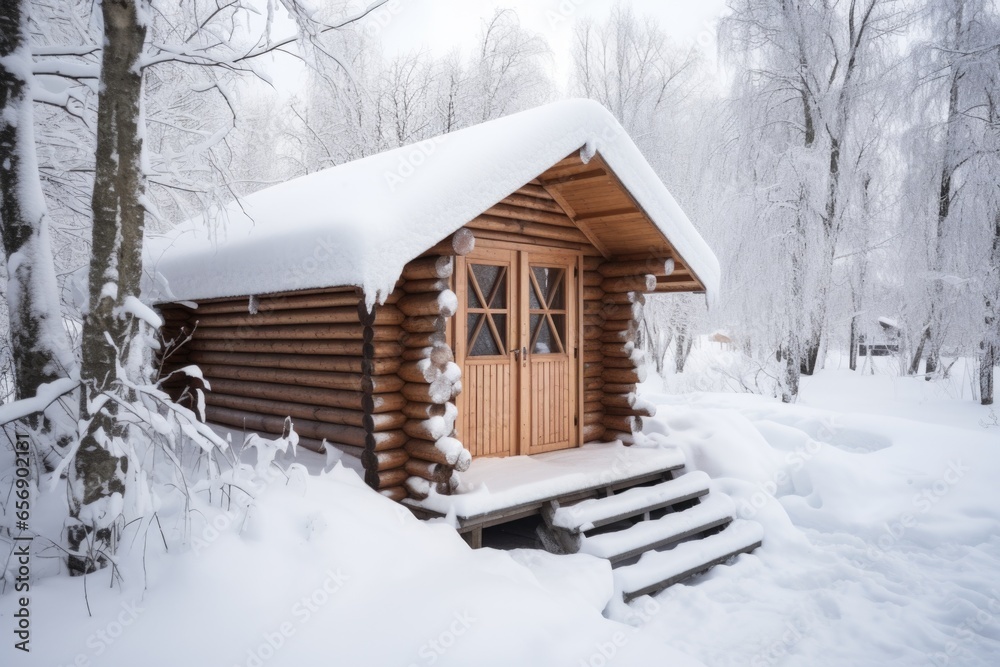snow-covered outdoor sauna during the day
