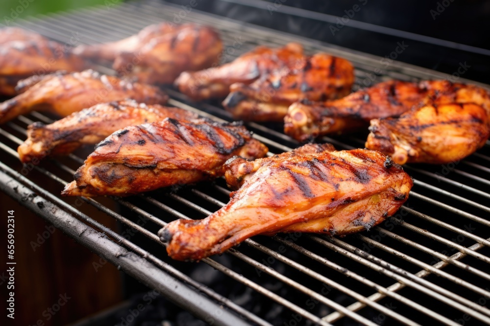 grilled chicken wings with char marks on a grill rack