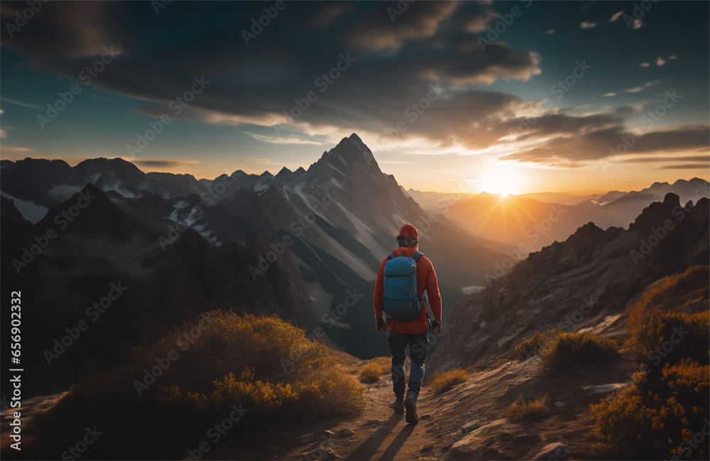 Person on the top of mountain. Hiker with backpack in the mountains at the sunset.