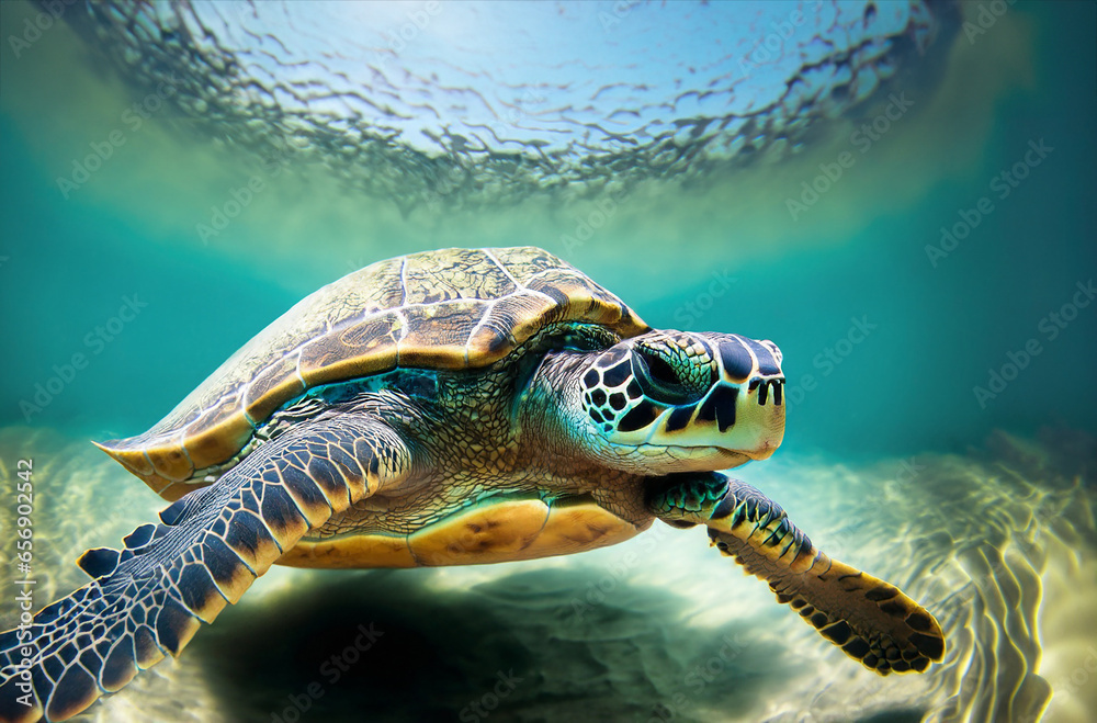 Fototapeta premium Turtle swimming in sea. Turtle under water.