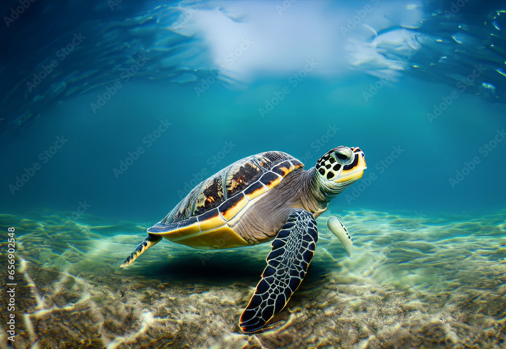 Fototapeta premium Turtle swimming in sea. Turtle under water.