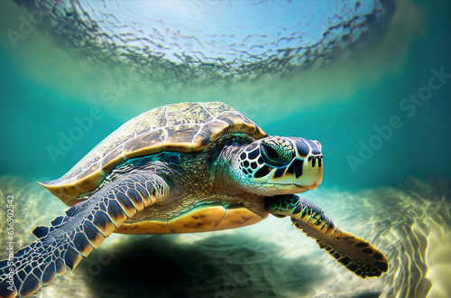 Turtle swimming in sea. Turtle under water.
